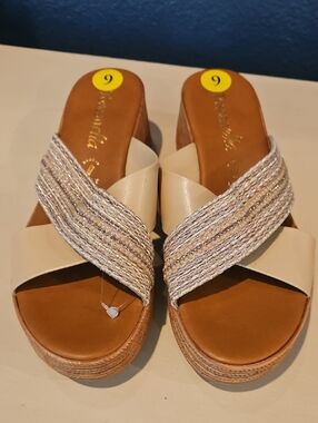 Wedge Platform Slide Sandals in Cream with Braided Straps Jewlels New No Box